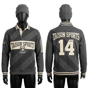 Veste de rugby en molleton de coton premium 320 GSM, rouge marine avec empiècements contrastés, broderie personnalisée, logo imprimé à l'écran - Product Image 2