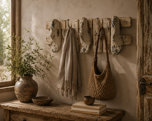 Porte-chaussures mural vintage en bois avec sept crochets pour serviettes, manteaux, écharpes, clés, ceintures – Décoration de maison de style ferme - Product Image 4