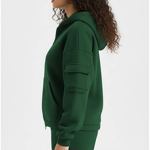 Sweat-shirt à capuche zippé vert pour femme avec poches, logo brodé, décontracté, manches longues, en coton tricoté, pour l'automne - Product Image 4