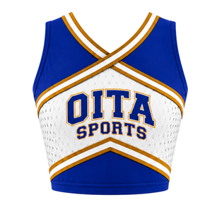 Haut court de cheerleading sans manches pour femme, bleu roi et or blanc, col en V, pour performance athlétique, uniforme d'équipe de cheerleading, compétition - Product Image 1
