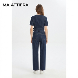 Conjunto de dos piezas de mezclilla para mujer: top cruzado de manga corta y jeans de pierna ancha con lazo en la cintura, atuendo casual y moderno. - Product Image 2