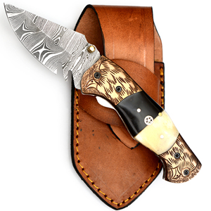 Couteau de survie pliant de camping Damas sur mesure de qualité supérieure 2026 avec manche en corne et os, couteaux pliants avec étui en cuir - Product Image 5