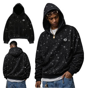 Sweat-shirt à capuche noir pour homme avec strass, design étoile scintillante personnalisé, décontracté, ample, surdimensionné, vente en gros OEM - Product Image 1