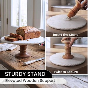 Support à gâteau multifonctionnel avec plateau en marbre et base en bois amovible, design sculpté à la main en forme de cercle pour la présentation des aliments - Product Image 5
