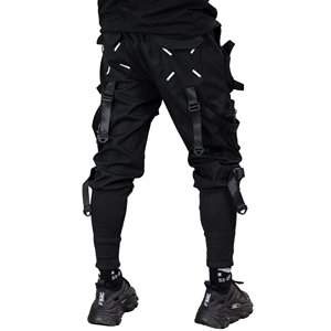 Black Multi Pocket Cargo Pants <b>Drawstring</b> Waist Zipper Fly Casual Streetwear <b>Trousers</b> for <b>Men</b> - Product Image 2