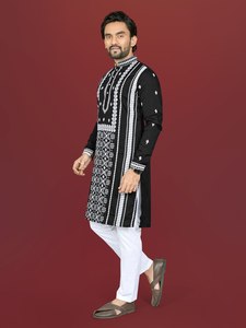AARIKA TEXTILE Elegant Soft Silk Festive <b>Kurta</b> Silver Sequins Embroidery Raymond Cotton Pajama Wedding Traditional <b>Mens</b> Wear - Product Image 4