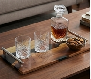 Luxury ACME Wooden <b>Serving</b> <b>Tray</b> With <b>Black</b> Resin Inlay And Metal Handles Lacquered Finish Perfect For Residential Use Kitchen - Product Image 4