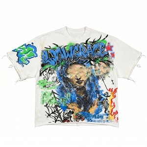 Low Grace Hand-Painted Oversized Men's T-<b>Shirt</b> Short Sleeve Street Style O-Neck Cotton Jersey Print - Product Image 1