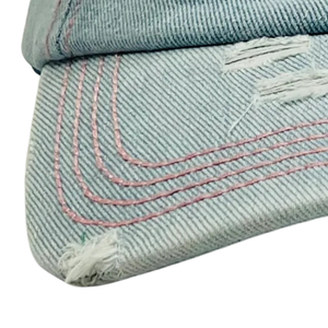 AKA <b>Light</b> Denim Distressed <b>Hat</b> Pink Embroidered Letter Washed Blue Denim Baseball Cap Adjustable Cotton Headwear Casual Fashion - Product Image 3