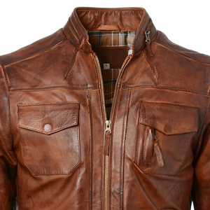 Men's Brown Stand Collar Zipper Closure Solid Color Regular Fit Cotton Lining Genuine <b>Leather</b> Moto <b>Jacket</b> Available For Sale - Product Image 2