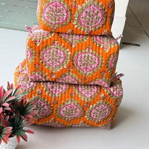 Set de Bolsas de Aseo Cosméticas Acolchadas Estilo Bohemio, Patrón Naranja y Rosa, Bolsa de Lavado Multifuncional para Mujer, Gran Capacidad, Organizador Textil - Product Image 1