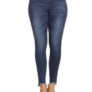Jeans Ajustados de Alta Elasticidad para Mujer, Lavado Oscuro, con Cuentas de Perlas Laterales, Dobladillo Desgastado a la Moda, Jeans de Primera Calidad para Mujer - Product Image 4