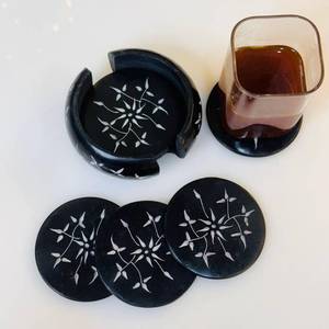 Handcrafted Marble Soapstone <b>Coaster</b> Set of 6 with Religious Style Holder and Circular Pattern - Product Image 1