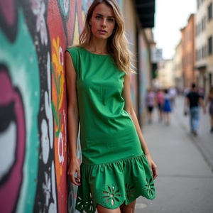 Mini vestido de algodón verde informal para mujer con silueta ALine sin mangas cuello redondo LaserCut Floral y detalles de ojales volante - Product Image 4
