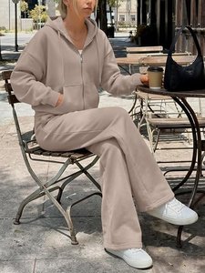 Ensemble sweat-shirt à capuche oversize beige en molleton de coton avec fermeture éclair et pantalon de jogging décontracté de couleur unie, coupe unisexe pour l'automne - Product Image 2