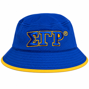 Chapeau Bob Bleu Royal avec Broderie Lettres Grecques Dorées, Bordure Jaune, Tissu Maille Respirant, Unisexe, Décontracté, Été, Sports de Plein Air - Product Image 3