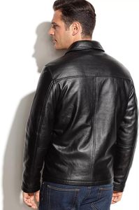 Veste moto en cuir véritable pour homme, col rabattu, fermeture éclair, couleur noire unie, longueur normale, vêtement d'automne - Product Image 4