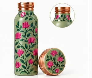 Floral Design Copper Water <b>Bottle</b> with Lid Portable Travel Drinkware Black <b>Pink</b> Flower Pattern - Product Image 2
