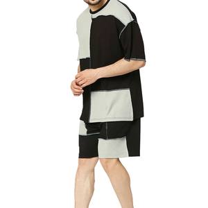 Nuevo conjunto de dos piezas con paneles de patchwork para hombre, camiseta y pantalones cortos con bloques de color negro y gris, conjunto informal de verano para calle, talla grande - Product Image 4