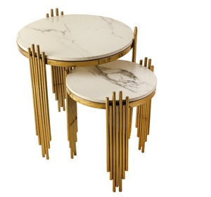 Elegant Marble Top Nesting <b>Tables</b> <b>Set</b> with Gold Metal Frame Modern <b>Side</b> <b>Tables</b> for Living Room Decor At Cheap Price - Product Image 3