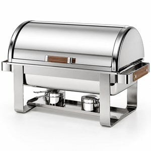 Stainless Steel <b>Roll</b> Top Chafing Dish Buffet Food Warmer with Wooden Handle - Product Image 1