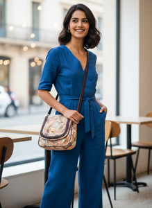 Sac à bandoulière élégant et moderne en coton à imprimé floral doux pour femme, sac artisanal à porter en travers du corps avec garniture en cuir tressé et fermoir torsadé doré - Product Image 2