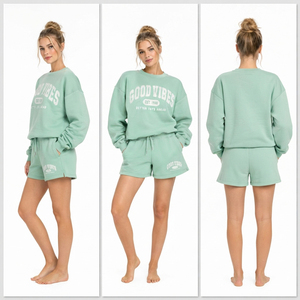 Custom Printed Women's Crew Neck Sweat <b>Shorts</b> <b>Set</b> Winter Wear Cotton Fleece Sweat Shirt Drawstring Waist Sweat <b>Short</b> 2 Piece <b>Set</b> - Product Image 5