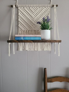 Handmade Cotton Rope with <b>Pine</b> Wood White Macrame Wall <b>Shelf</b> Geometric Pattern Bohemian Style Wooden Rack For Home Decor - Product Image 2