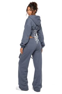 Conjunto Deportivo Casual Azul Mate para Mujer, Sudadera Corta con Cordón, Detalles de Corsé, Pantalones Oversize DTG, Ropa Urbana de Fábrica OEM - Product Image 2