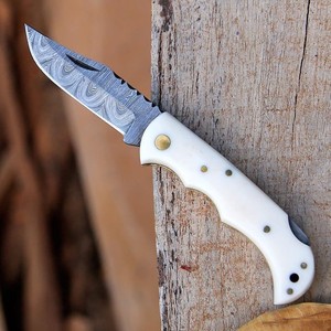 Custom Damascus Folding <b>Knife</b> with Camel <b>Bone</b> <b>Handle</b> Razor Sharp Hunting EDC <b>Knife</b> - Product Image 6