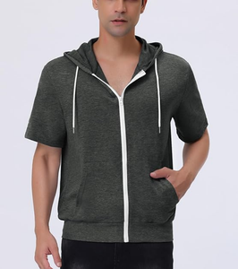 OEM Custom Made Drop Shoulder Men's Short Sleeve Hoodies Full <b>Zip</b> <b>Up</b> Jackets with Hood 100% Cotton 260 GSM French Terry Knitted - Product Image 1