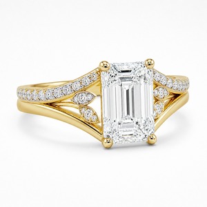 Anillo de banda dividida con hoja de diamante esmeralda, oro amarillo de 18K, pavé botánico, diamantes cultivados en laboratorio, de lujo, moderno, para mujer, anillo de boda - Product Image 4