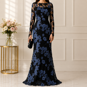 Robe de soirée empire en dentelle florale pour femme, élégante, col rond, manches classiques, broderie premium, longueur ras du sol, en crêpe, pour mariage - Product Image 1