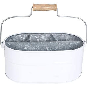 Porta utensilios de metal galvanizado blanco estilo rústico con asa de madera, organizador de cubiertos para encimera de cocina - Product Image 1