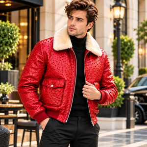 Men's <b>Red</b> Studded Leather Bomber Jacket for Shearling Fur Stand Ribbed Cuffs Zip Closure <b>Silk</b> Lining Winter Vintage Luxury - Product Image 2