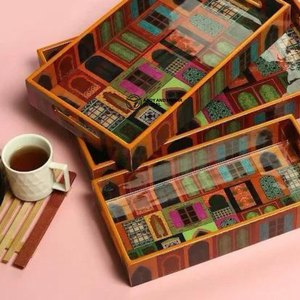 Set of 3 Decorative MDF Serving Trays High-<b>Gloss</b> <b>Paper</b> Enamel Nesting Trays with Floral Bird Print Luxury Wooden Ottoman Tray - Product Image 5