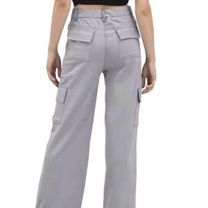Pantalon cargo taille haute pour femme, gris uni, en toile, décontracté, longueur intégrale, avec poches, coupe classique, style printemps - Product Image 4