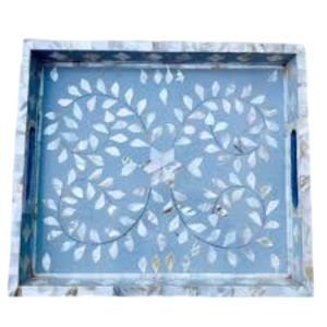 Handmade Mother Of Pearl Inlay Rectangular Serving Tray Decorative Table Tray With <b>Handles</b> Blue Floral Design Home Decor Accent - Product Image 1