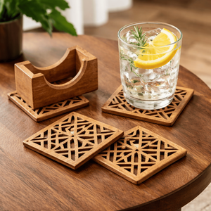 Elegante Juego de Posavasos de Madera de Mango Hechos a Mano con Soporte |   Posavasos Ecológicos de 4 Piezas para Mesa de Centro, Bebidas y Decoración del Hogar - Product Image 4