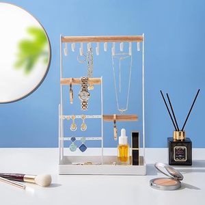Organisateur de bijoux rectangulaire moderne avec barres et crochets en bois pour colliers, boucles d'oreilles, montres – Boîte de rangement et de présentation - Product Image 6