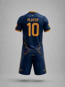 Conjunto de Uniforme de Fútbol Personalizado para Hombre, Cuello en V, Manga Corta, Color Azul Marino Sólido, Dorado en Relieve, Impresión Digital, Poliéster Transpirable, Adulto, Alta Calidad - Product Image 3