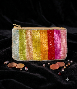 Handmade Beaded Coin Purse Rainbow Stripe Zipper Closure Bohemian Style Unisex <b>Mini</b> Size - Product Image 2