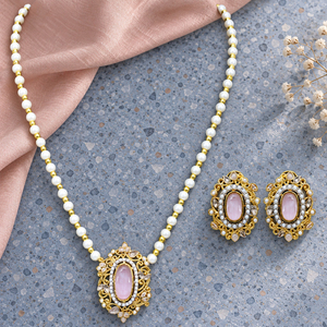 Wholesale Gold Plated Pink Stone <b>Pearl</b> Necklace Stud Earrings <b>Set</b> Customizable Artificial Jewelry - Product Image 2