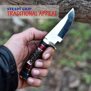 Cuchillo de desollar de hoja fija de acero 12c27 personalizado con mango de asta de ciervo, ODM OEM, espiga completa, para bushcraft, camping y uso general, con funda de cuero - Product Image 4