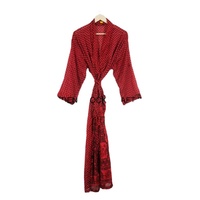 Robe kimono en soie patchwork rouge pleine longueur pour femme, brodée à la main, col en V, manches longues, séchage rapide, style décontracté, artisanat indien en blocs de bois