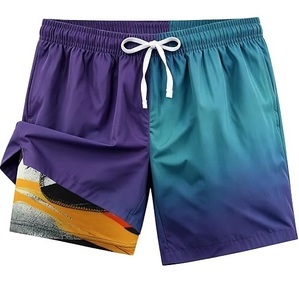 Shorts de bain Tie Dye Nouveau Design Double Couche Dégradé de Couleurs Cordon de Serrage Taille Élastique pour la Course et la Natation - Product Image 1
