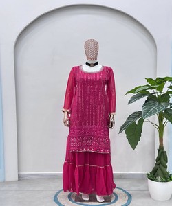 FANCY GEORGETTE EMBROIDERY SEQUENCE ZARI WORK <b>TOP</b> SHARARA WITH DUPATTA <b>FESTIVE</b> WEAR WHOLESALE PRICE ETHNIC GARMENT PINK - Product Image 3