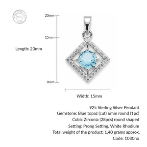 Colgante de Plata de Ley Bañada en Rodio con Topacio Azul Cuadrado y Engaste de Garra, Hecho a Mano, Minimalista, de Moda, Venta al por Mayor Rhaya Jewels - Product Image 2