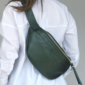 Soft Leather Green Fanny Pack Women's Sling <b>Bag</b> Crossbody Elegant Leather Chest <b>Bag</b> with Adjustable Belt Strap - Product Image 3