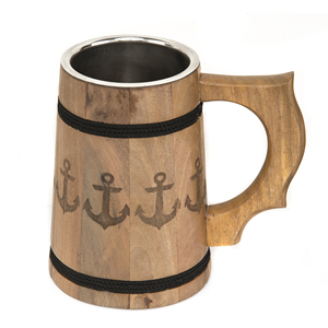 Jarra de Cerveza Ecológica de Madera Maciza con Doble Pared Aislante |   Jarra de Madera con Ancla Pirata Grabada para Bar en Casa o Pub - Product Image 1
